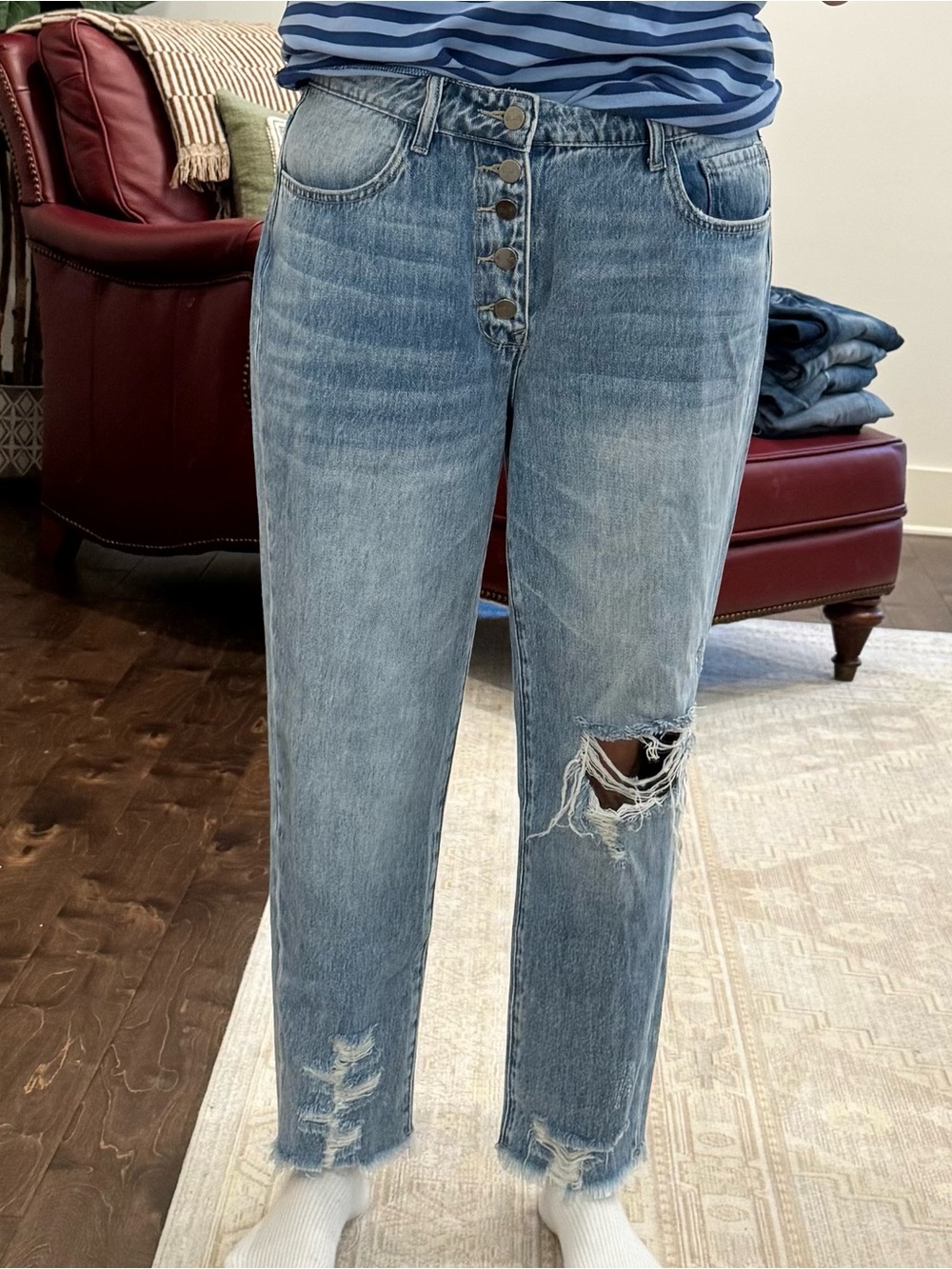 Pink Lily Light Blue Distressed Boyfriend Jeans